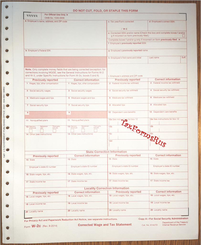 Official IRS Tax Form W-2c Corrected Wage/Tax Stmt, single sheet for 1 employee