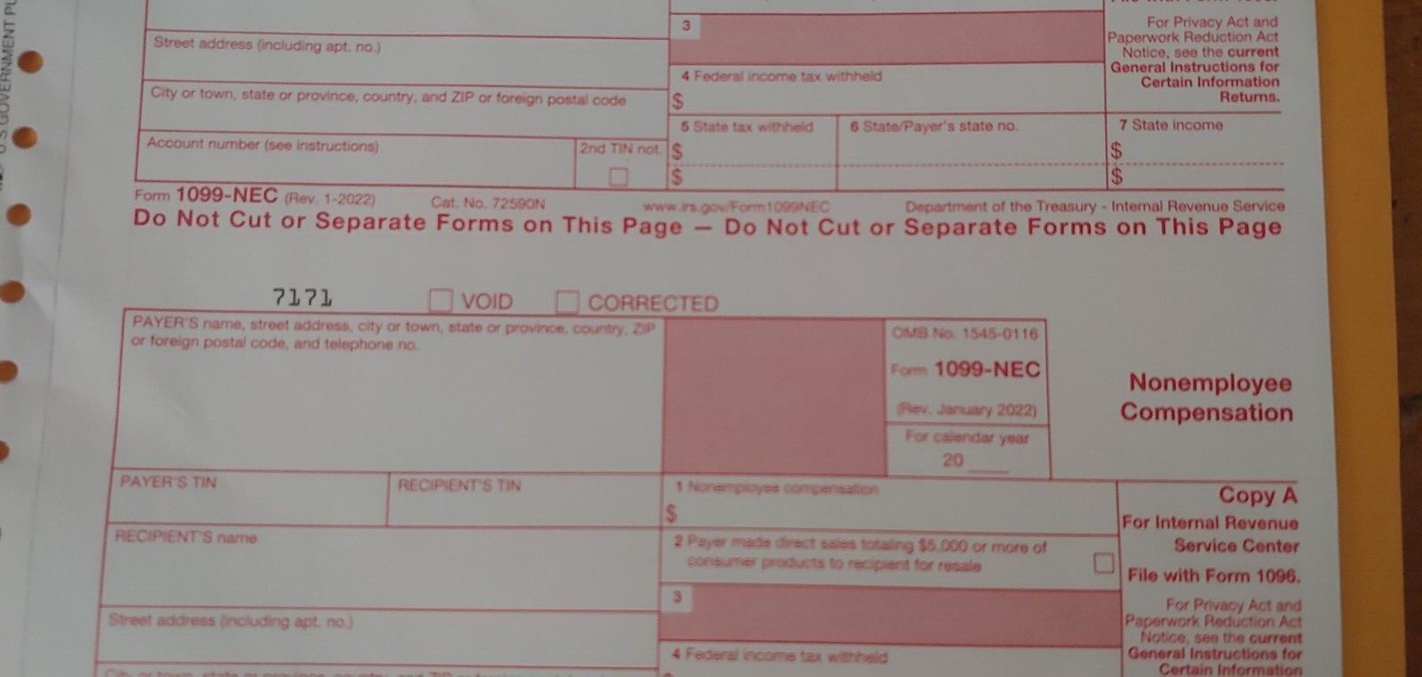 IRS Tax Form: (Qty:2) 1099-NEC (for any tax year) for 6 Recipients-free shipping