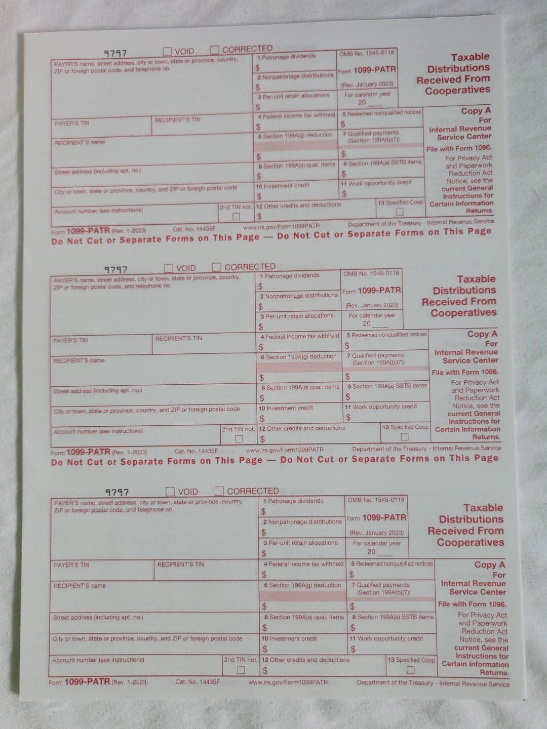 1099-PATR 2025 IRS Tax Form single sheet set for 3 recipients, carbonless 3-part