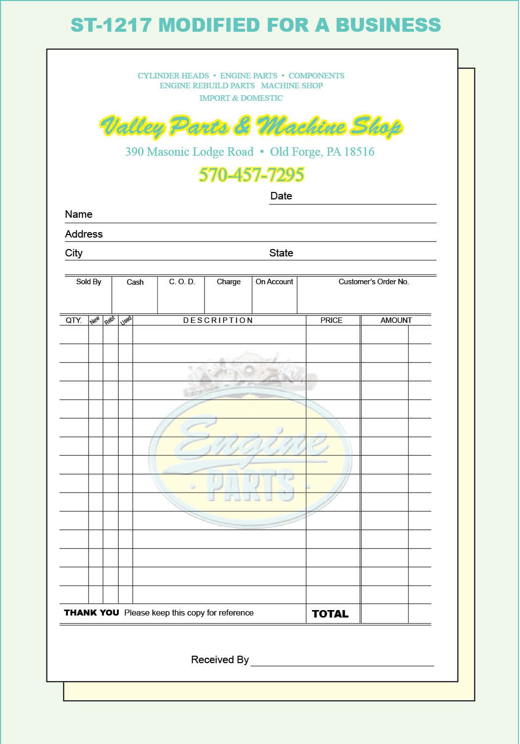 SALES INVOICE CUSTOM PRINTED 2 or 3 Part Carbonless