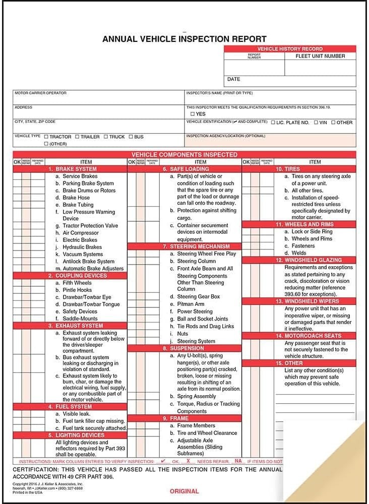 J. J. Keller 10-Pack Carbonless Vehicle Inspection Report Forms – DOT Compliant