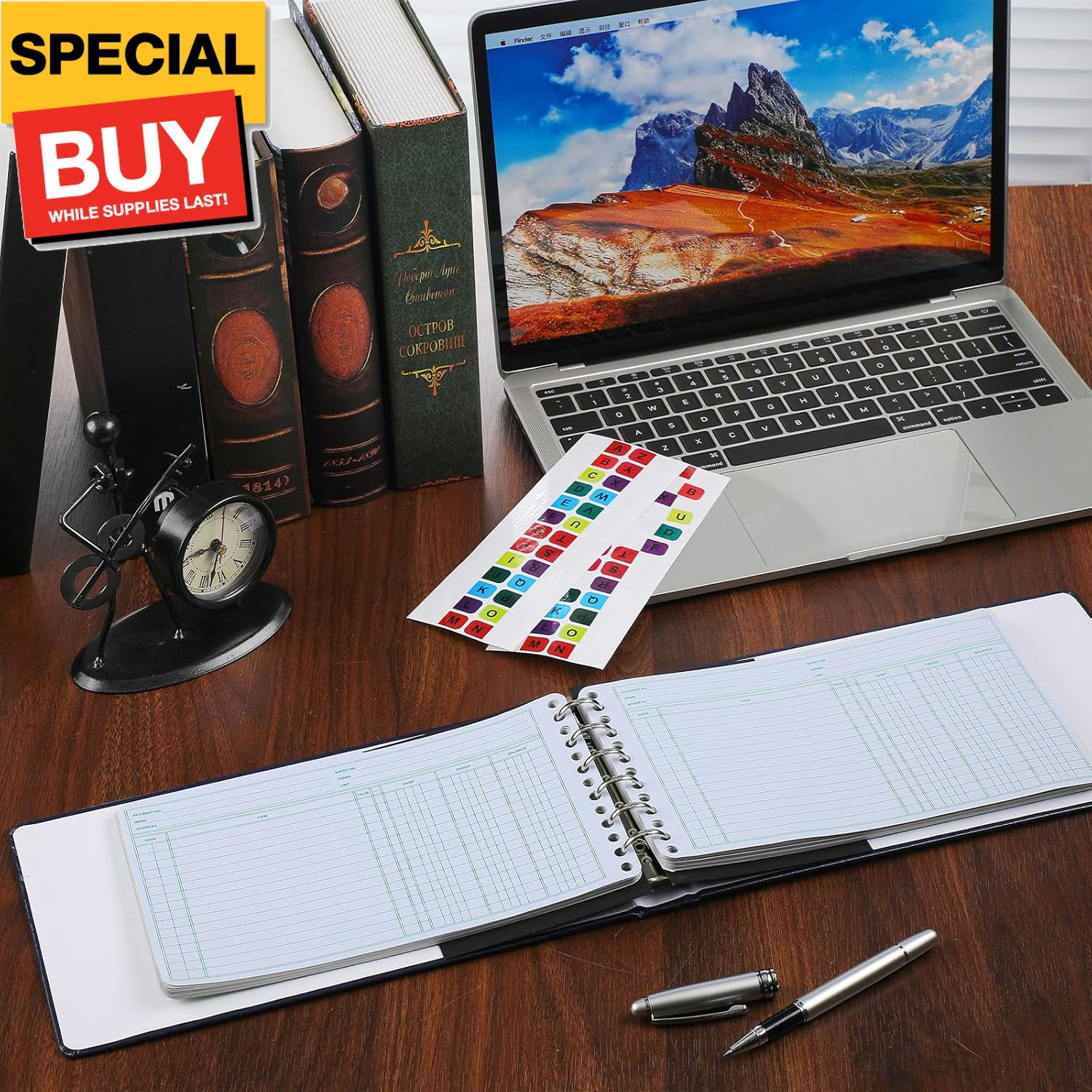2 Pcs Ring Ledger Binder with 400 Pcs 5″ x 8.5″ Ledger Sheets Small Index Tabs L