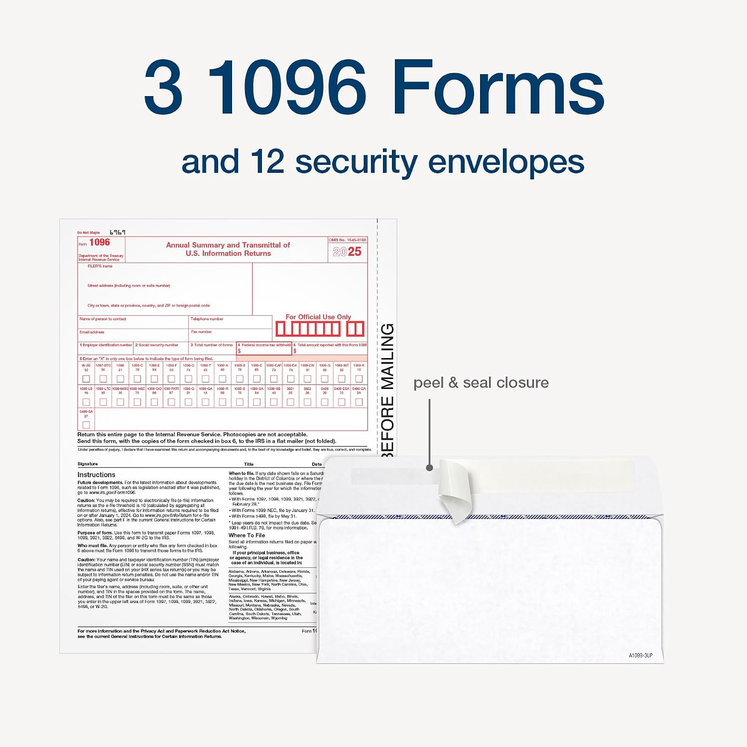 1099 NEC Forms 2025, 4-Part Kit for 12 Recipients, Includes 12 Envelopes
