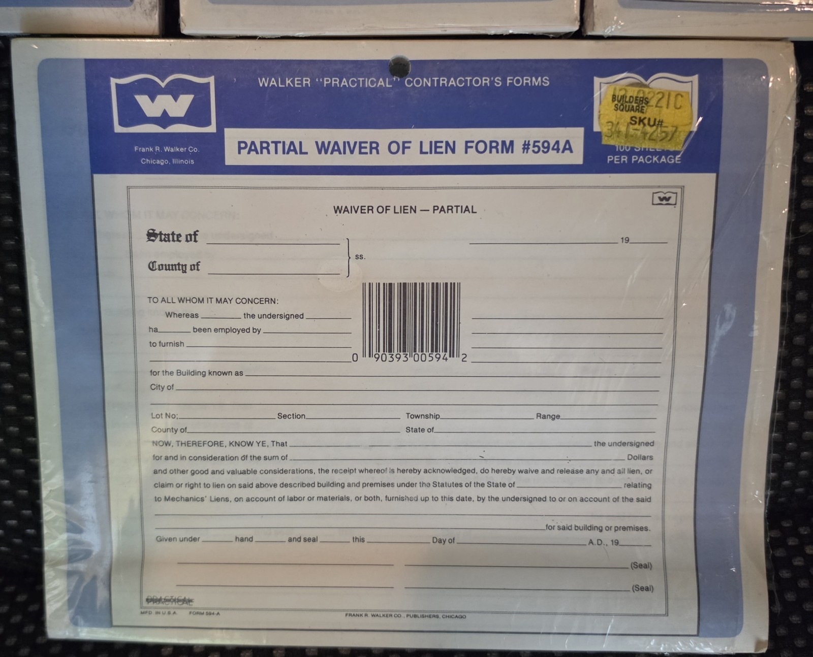 Vintage Walker Contractor Forms Lot Partial Waiver of Lien Extra Work Order NOS
