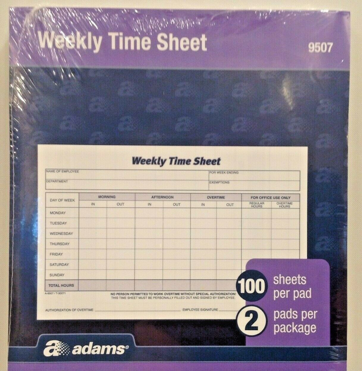 Adams Weekly Time Sheets 9507ABF 5.5″ x 8.5″ Blue/White 2 Pads of 100 Sheets NEW