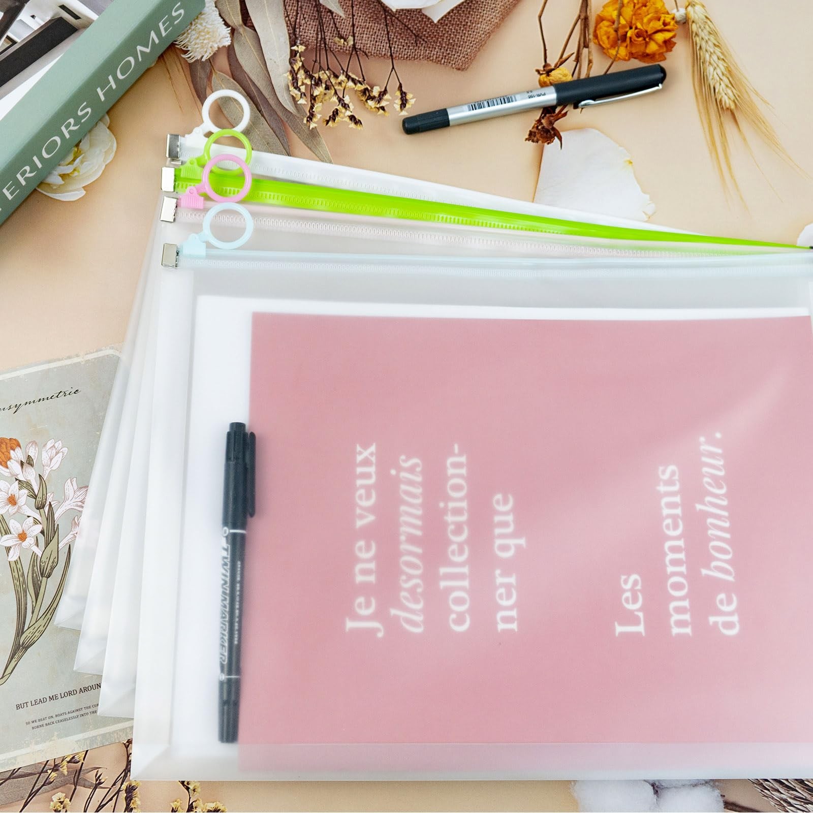 4 Pcs Clear Plastic Envelopes, A4 Letter Size Poly Zip Envelopes Multicolour