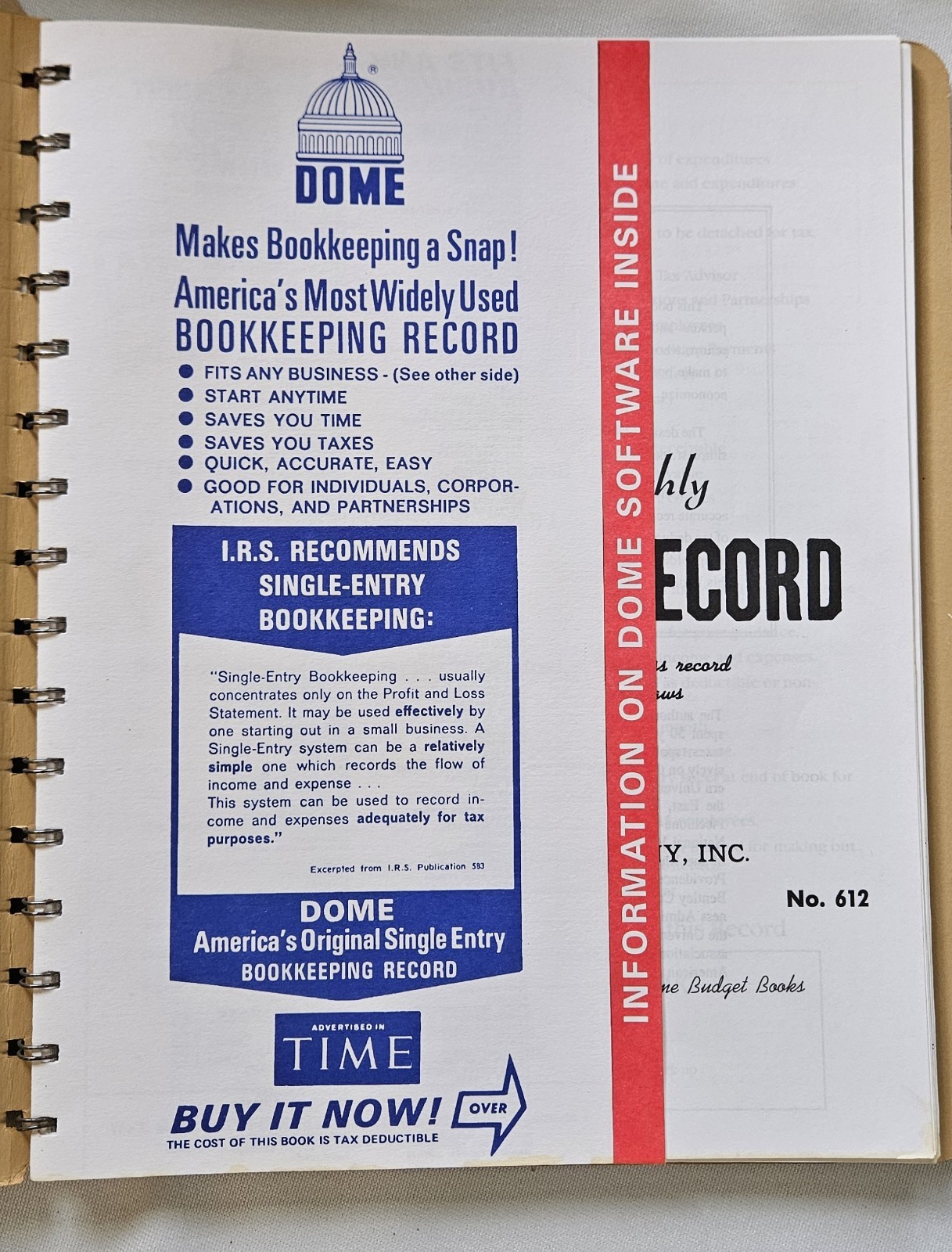 DOME Simplified Monthly Bookkeeping Record # 612 Vintage Business Tax Organizer