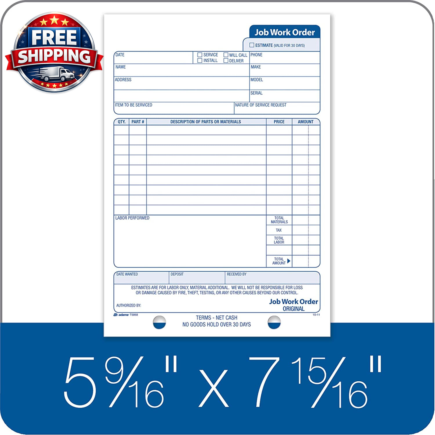 Job Work Order Book, 3-Part Carbonless, White/Canary/White, 5-9/16 X 8-7/16 Inc
