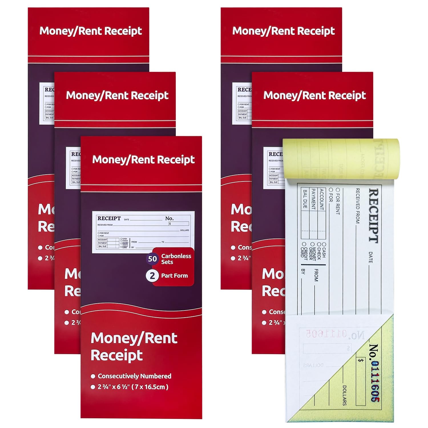 6-Pack Carbonless Receipt Book for Small Business – Money & Rent Receipts, 2-…