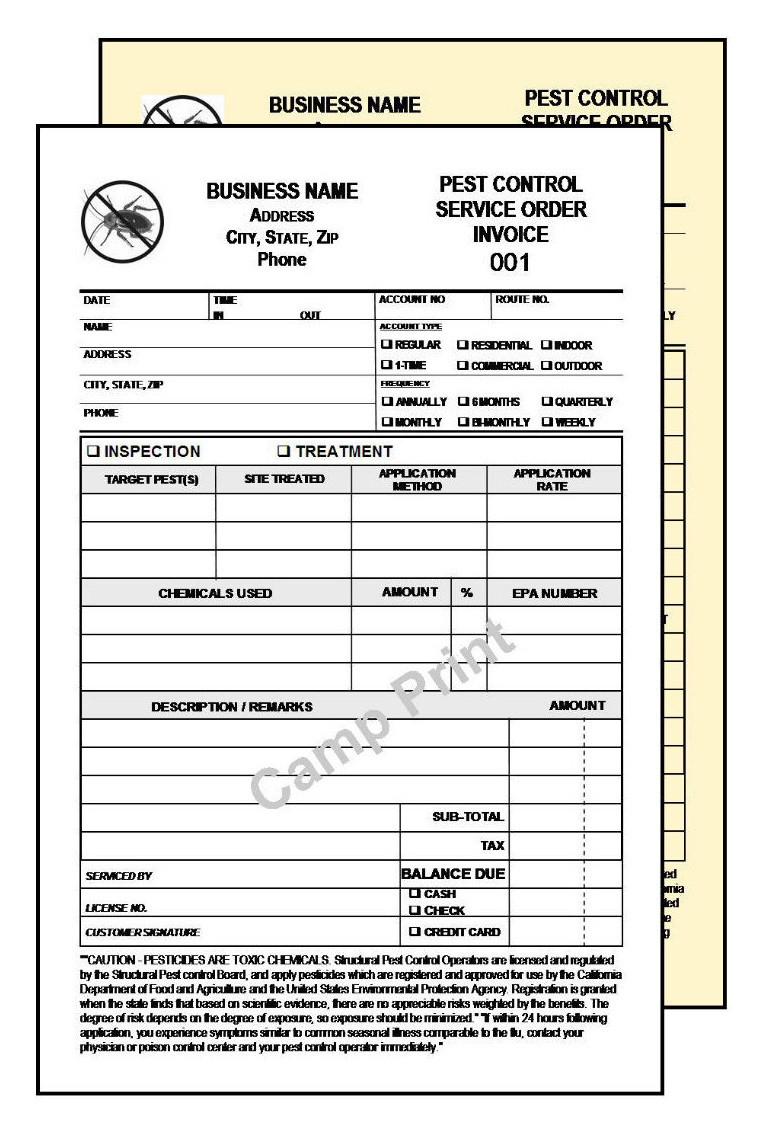 200 PEST CONTROL SERVICE ORDER INVOICE – 200 2 PART CARBON-LESS