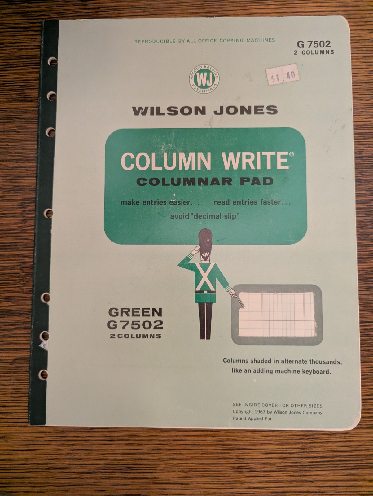 Wilson Jones G7504 Column Write Columnar Pad 2 Columns Green 15 Sheets