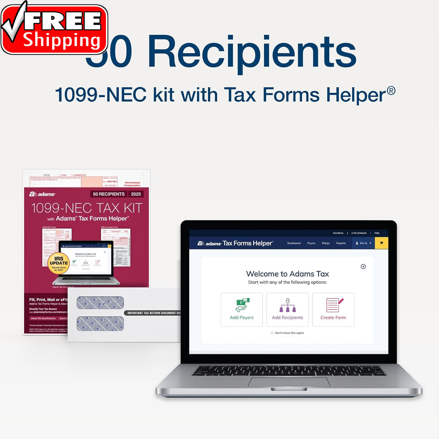 1099 NEC Forms 2025, 4-Part Kit for 50 Recipients, Includes 6 1096 Forms, Quickb