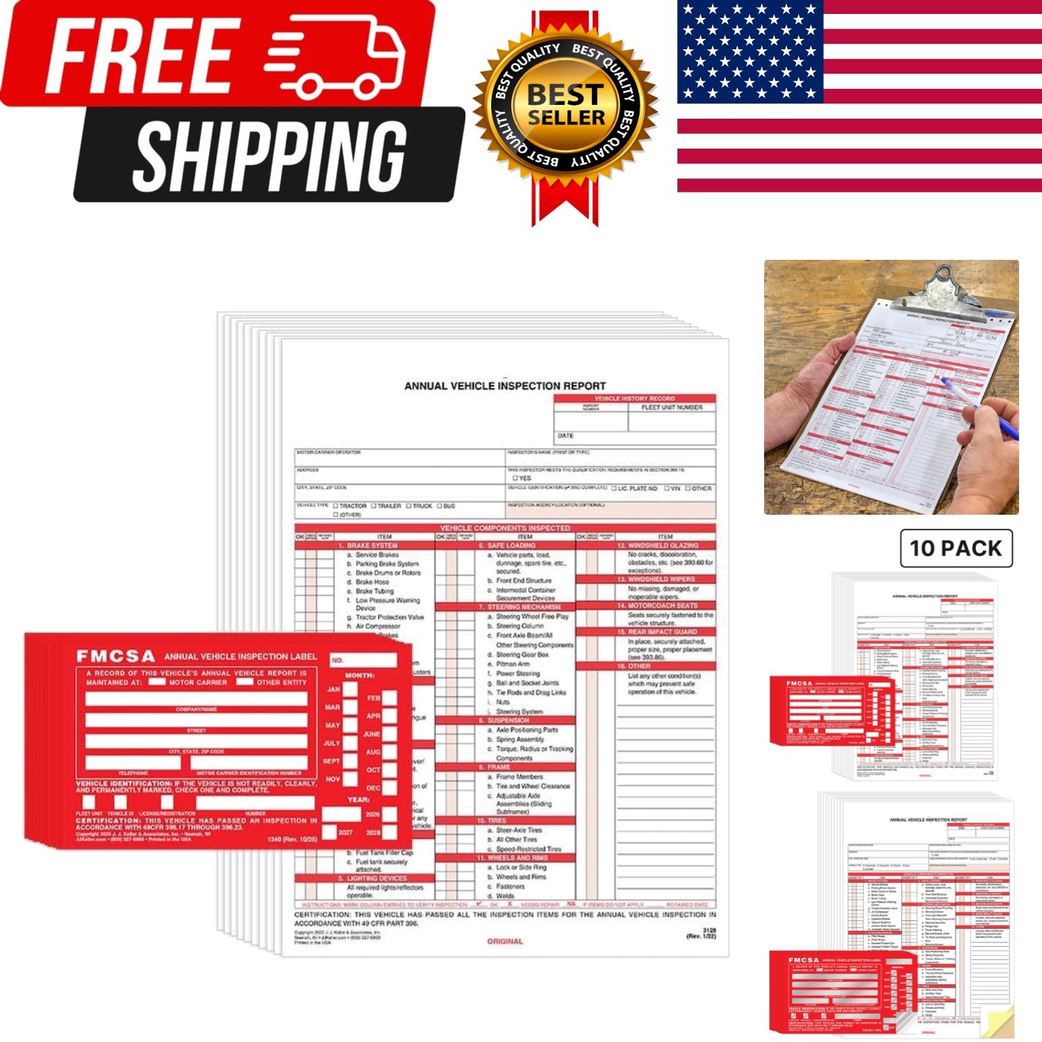 J. J. Keller 10-Pack, Annual Vehicle Inspection Report Form & Red FMCSA Label…
