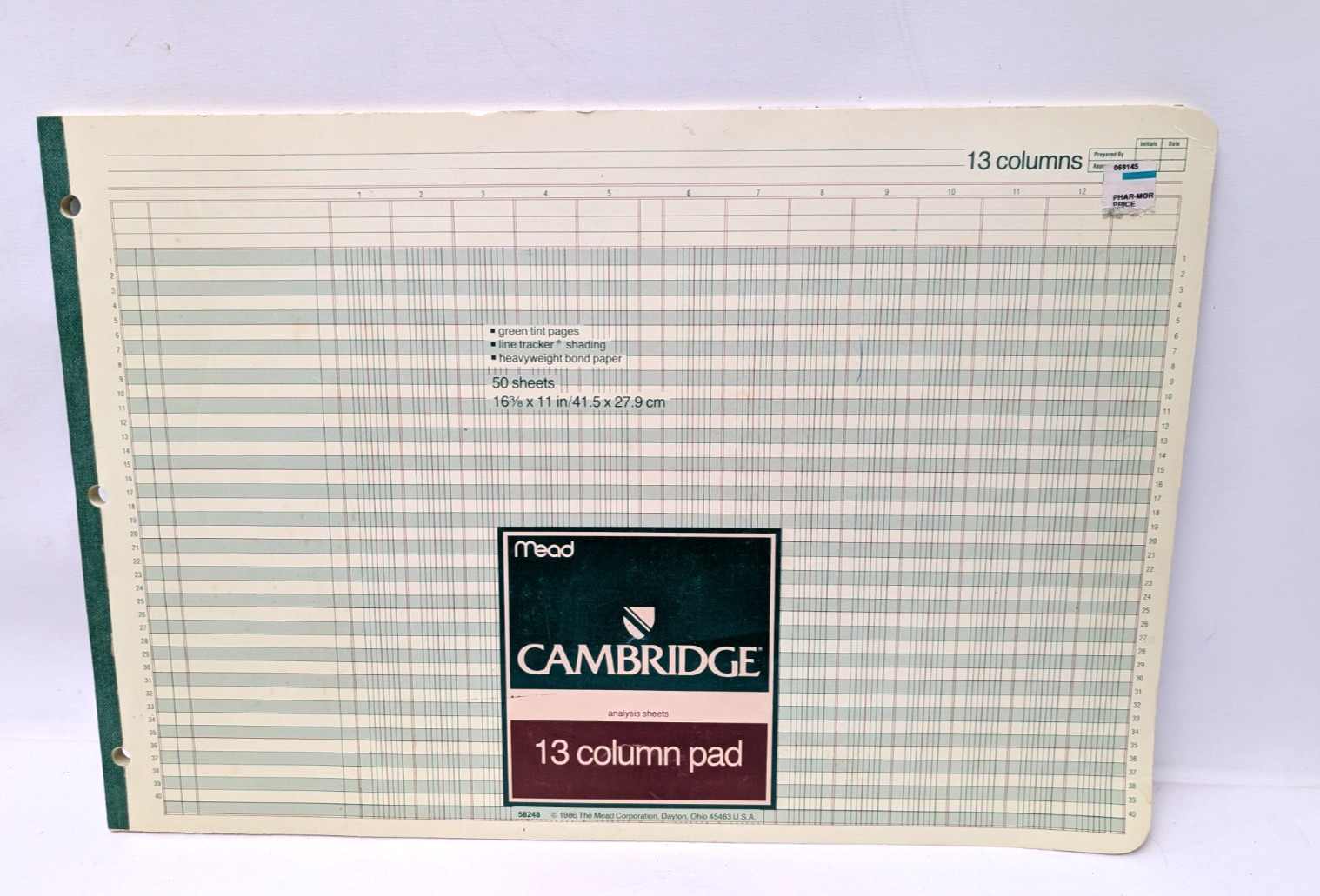 Mead Cambridge Columnar Pad 13 Columns, 11 x 16.375 Inches, 13-Columns- Green