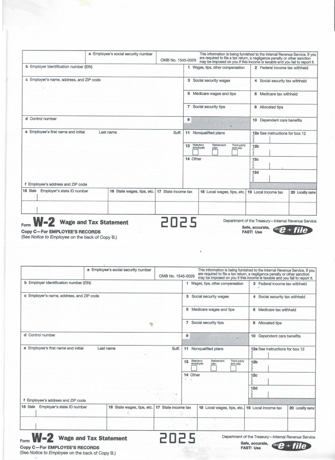 2025 W2 -5 Forms for 2 employees per Form of Wage and Tax Statement