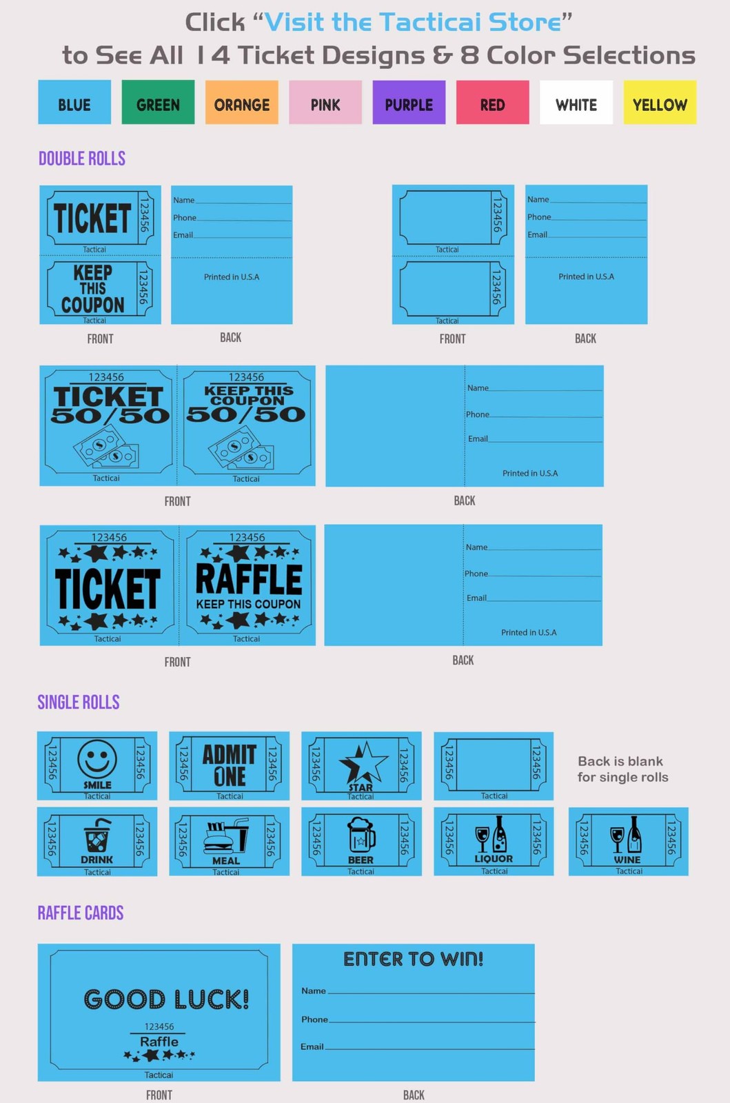 1000 Tacticai Raffle Tickets, A – Double Roll – 1,000 Tickets – Keep – Blue