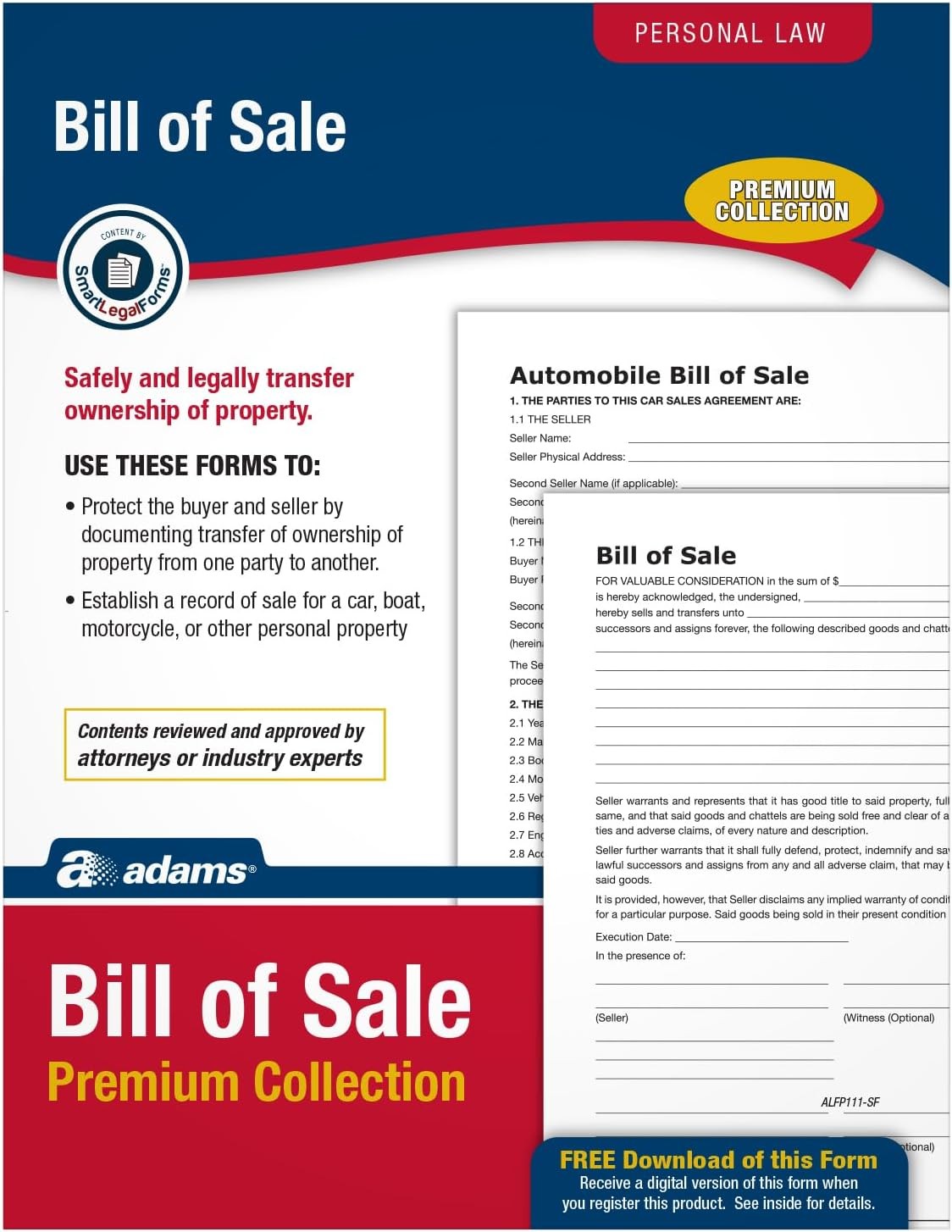 Adams Bill of Sale Forms Pack, Includes 2 Motor Vehicle 8.5 x 11 inch, White