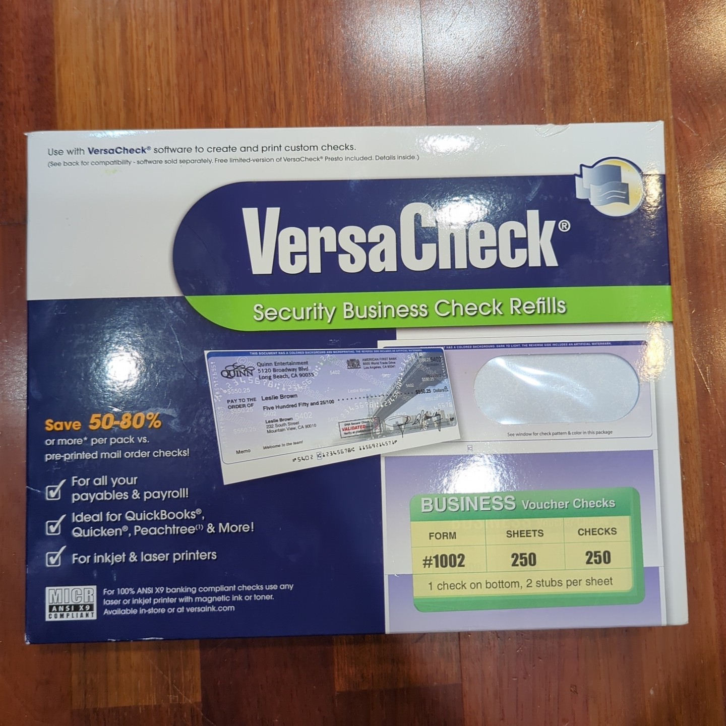 VersaCheck Security Checks – 250 Blue Blank Business Voucher Check on Bottom