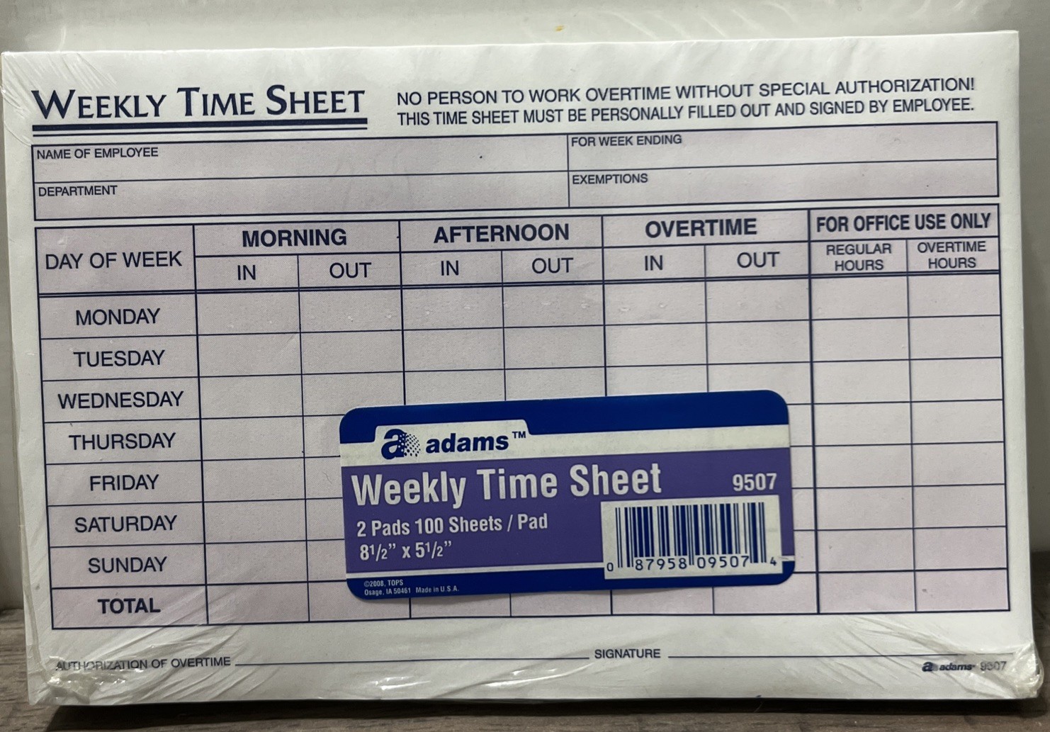 Adams Weekly Time Sheets One Part (No Copies) 8.5×5.5” Pack Of 2 Pads 100/Pad