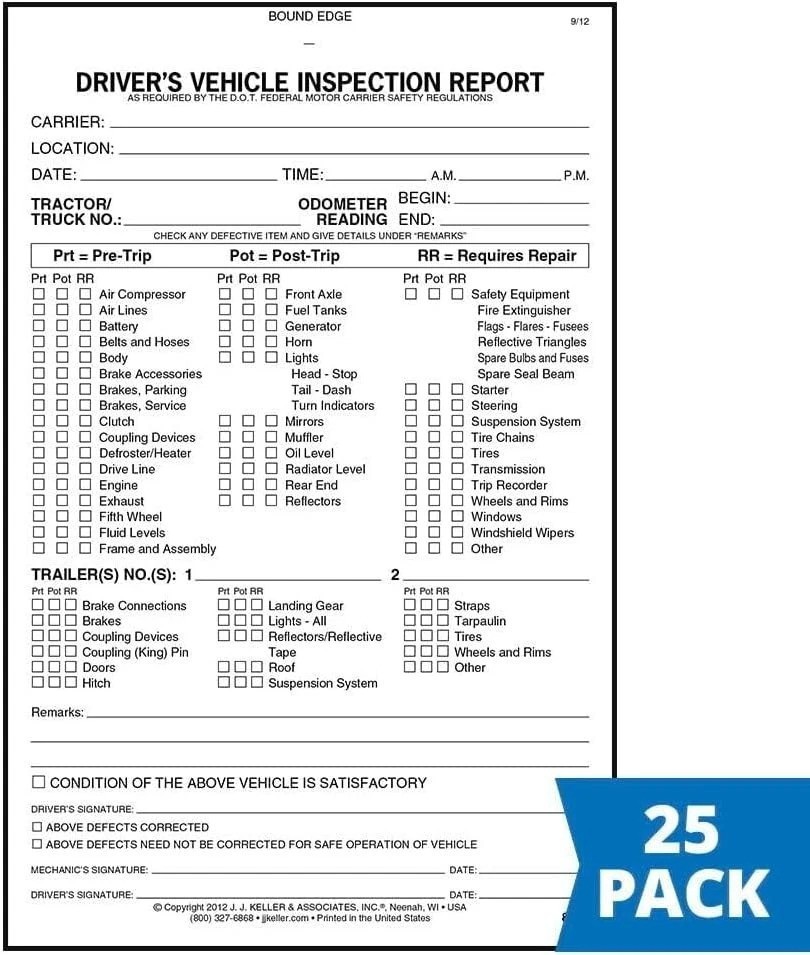 DVIR Inspection Book 25-pk 2-Ply Carbonless Forms 5.5″x8.5″ FMCSR Compliant