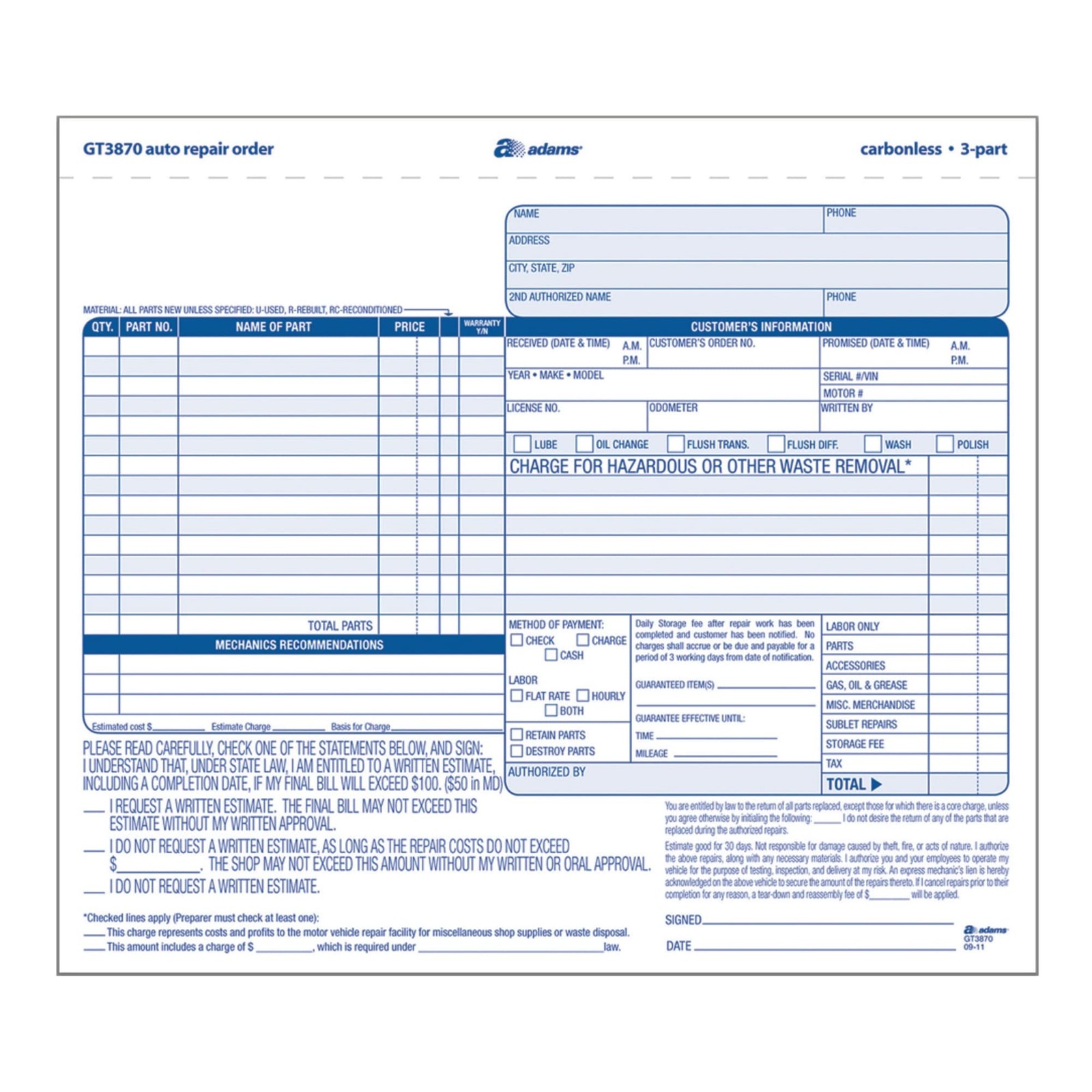 Adams Auto Repair Order Forms, 8.5 X 7.44 Inch, 3-Part, Carbonless, 50