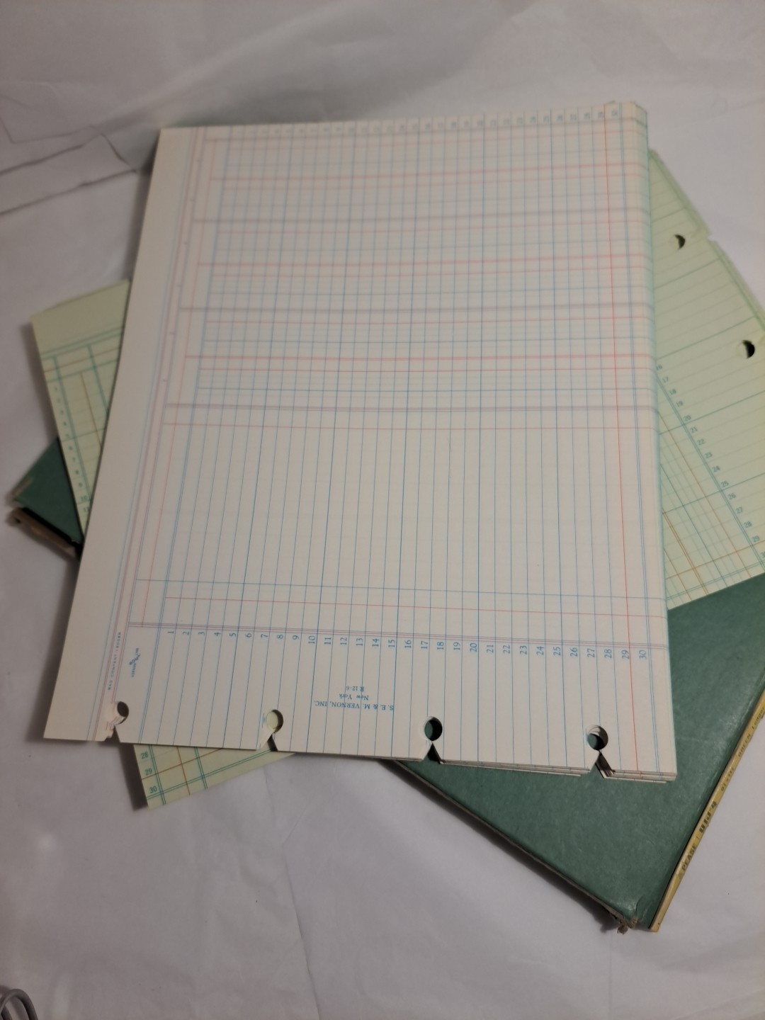 21 Boorum & Pease Green Columnar And 33 S.E.&M. Vernon Inc Ledger Sheets VTG