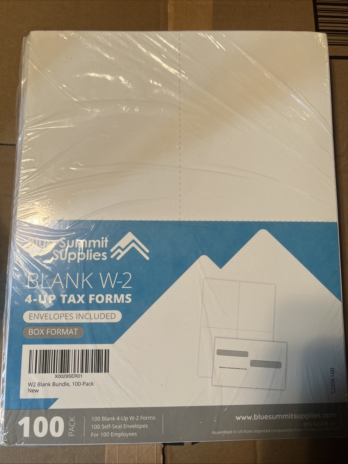 Blank W-2 Paper Forms 4-Up Version 100 Forms & 100 Self-Seal Envelopes Box Forma