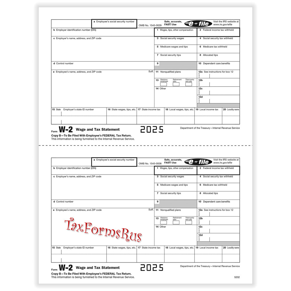 2025 IRS Tax Form W-2 Wage Stmts LASER single sheet set for 2 employees, 6-part