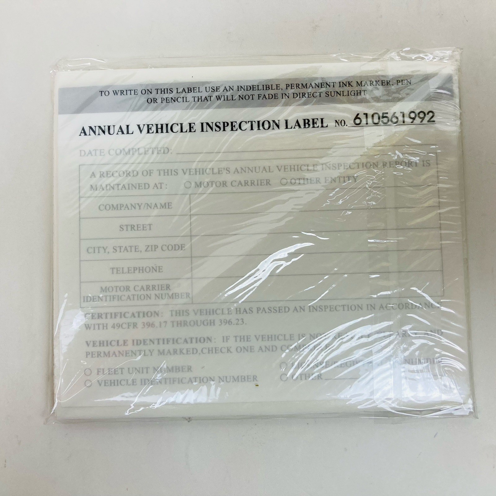 Annual Vehicle Report 25 Pack 3 Ply 5” x 4” Mylar Laminate Label DOT FMCSA