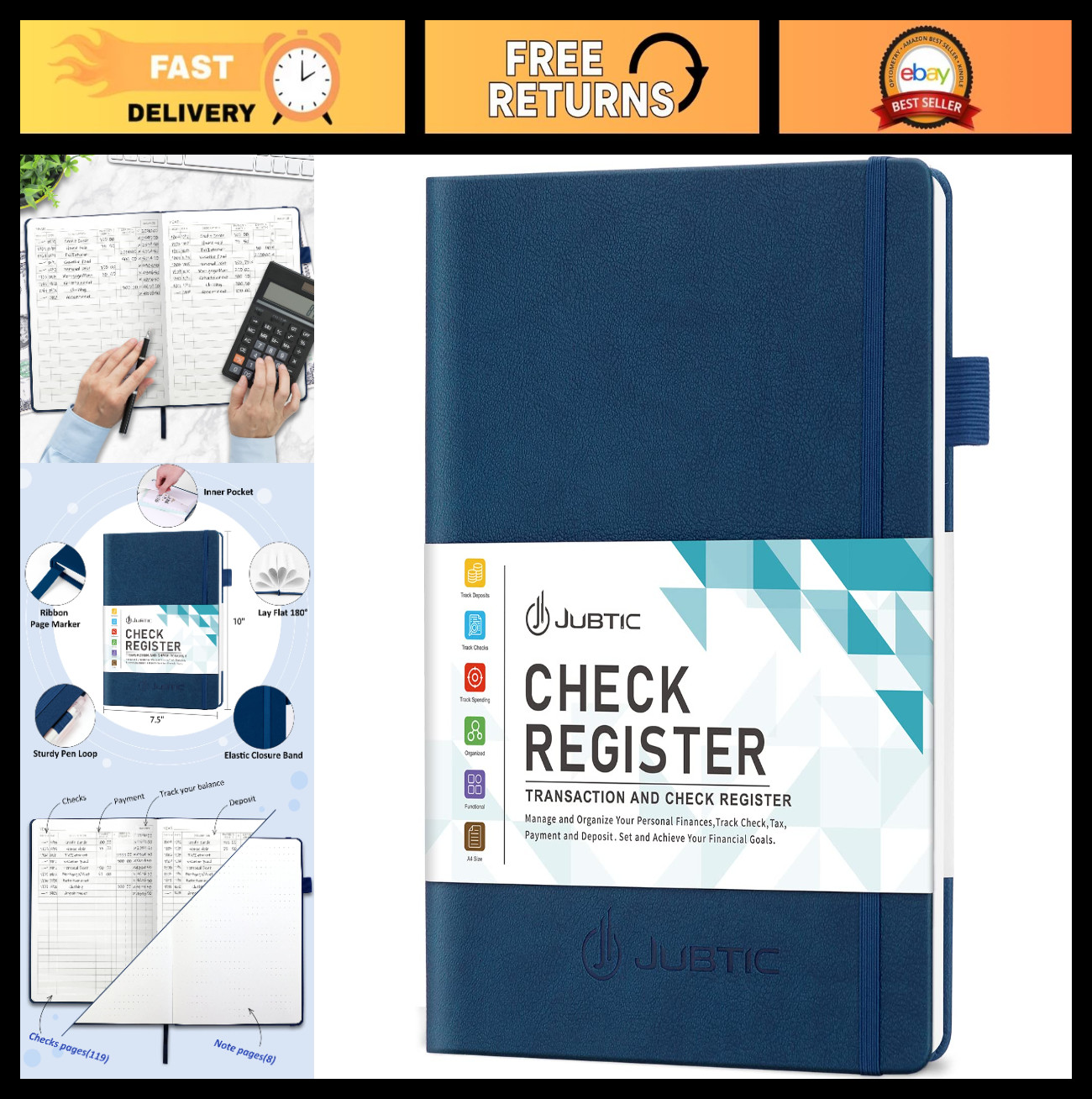 Large Check Register Book – 7.5×10″ Personal Ledger for Income & Expense Trackin