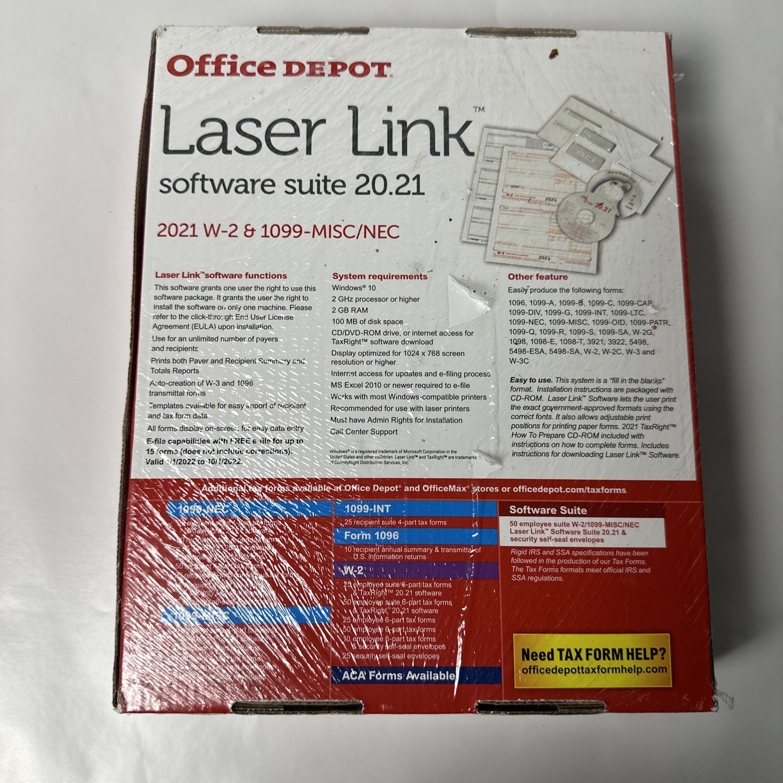 Office Depot Laser Link 2021 Tax Software Suite W2 1099 MISC NEC 50 Forms New