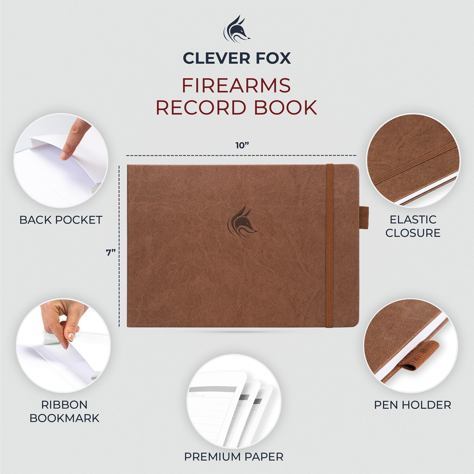 Clever Fox Firearms Record Book – Hardcover Smaller Than A4 (10″ x 7″), Brown