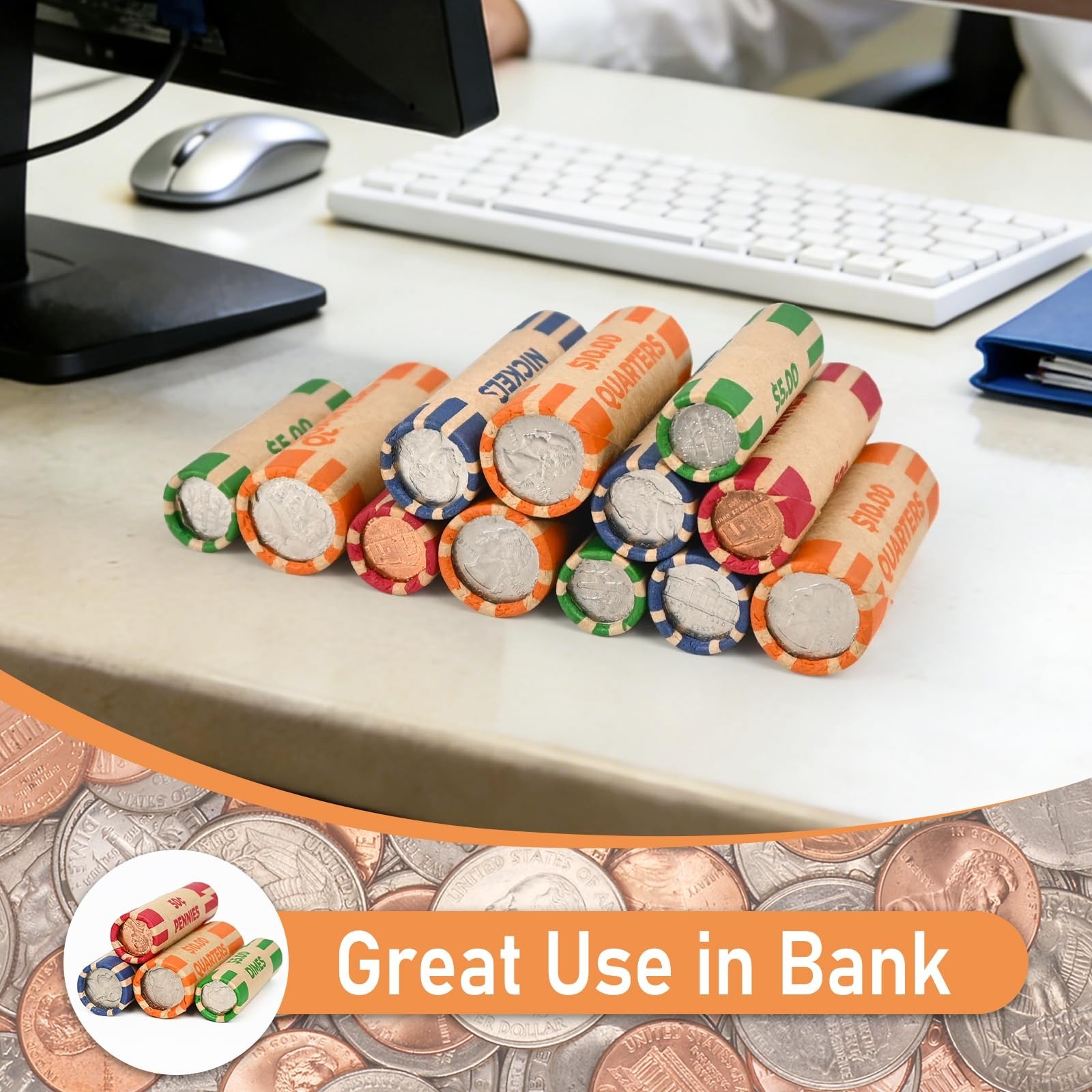 256 Assorted Preformed Coin Roll Wrappers with Coin Roll Crimper, Easy-Read D…