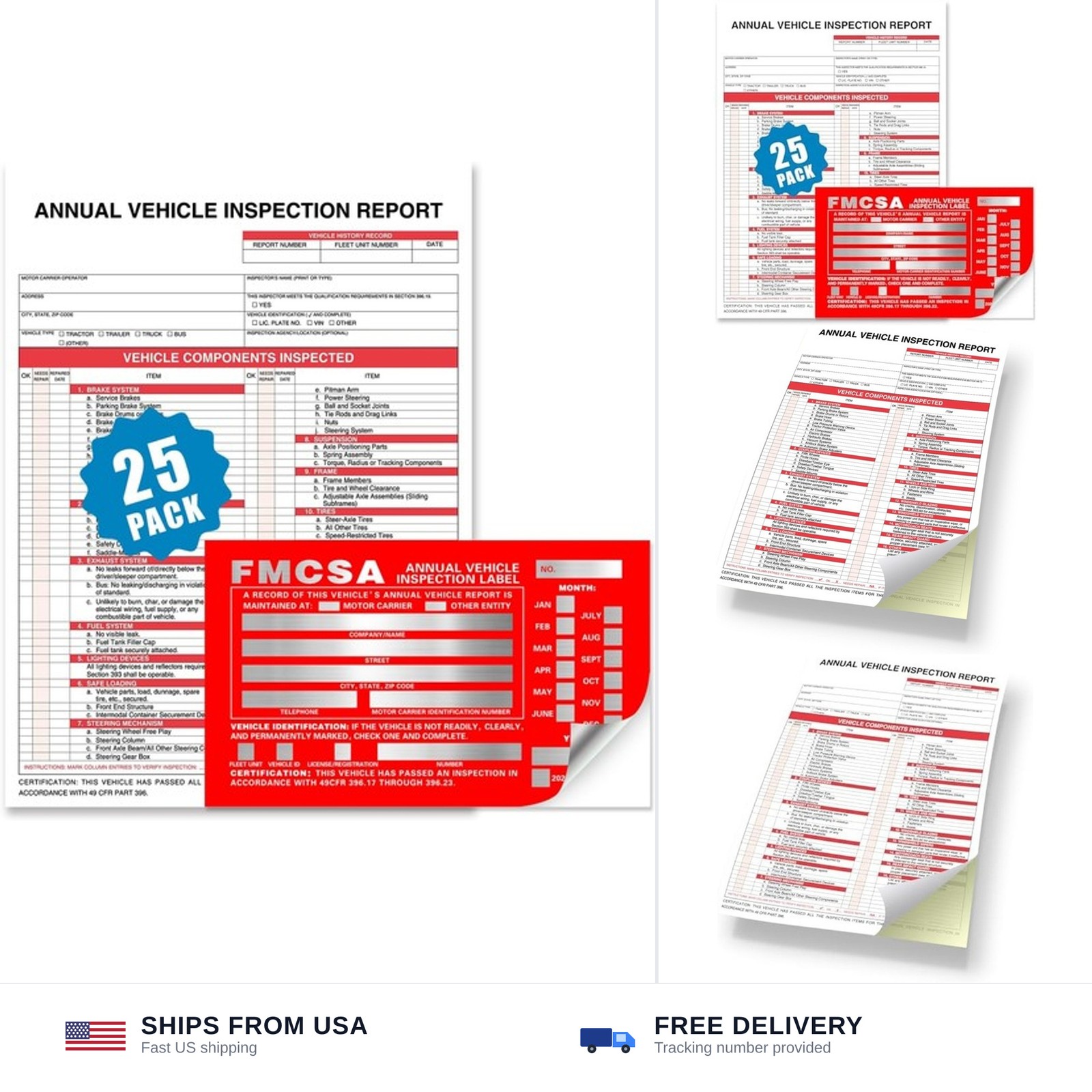 Annual Vehicle Inspection Report Form 25-pk 3-Ply Carbonless, 8.5″ x 11.75″ +…