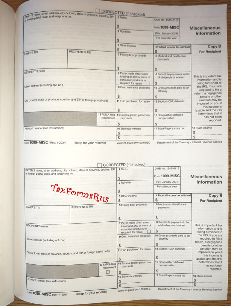2025 IRS TAX FORMS KIT: 1099-MISC, 4 recipients +envelopes +1096, NON-Carbonless