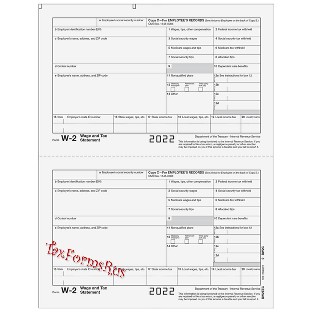 2022 IRS Tax Form W-2 Wage Stmts LASER single sheet set for 2 employees, 6-part