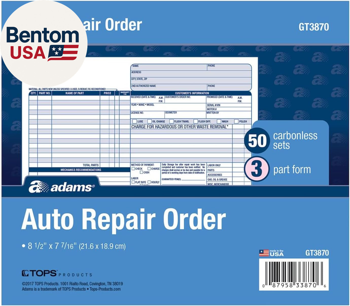 Auto Repair Order Forms, 8.5 X 7.44 Inch, 3-Part, Carbonless, 50-Pack, White and