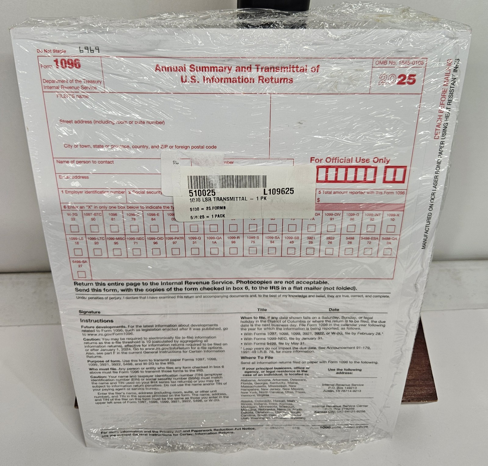 25-pack – 2025 Tax Form 1096 Annual Transmittals ONLY (for 1099-MISC/NEC to IRS)