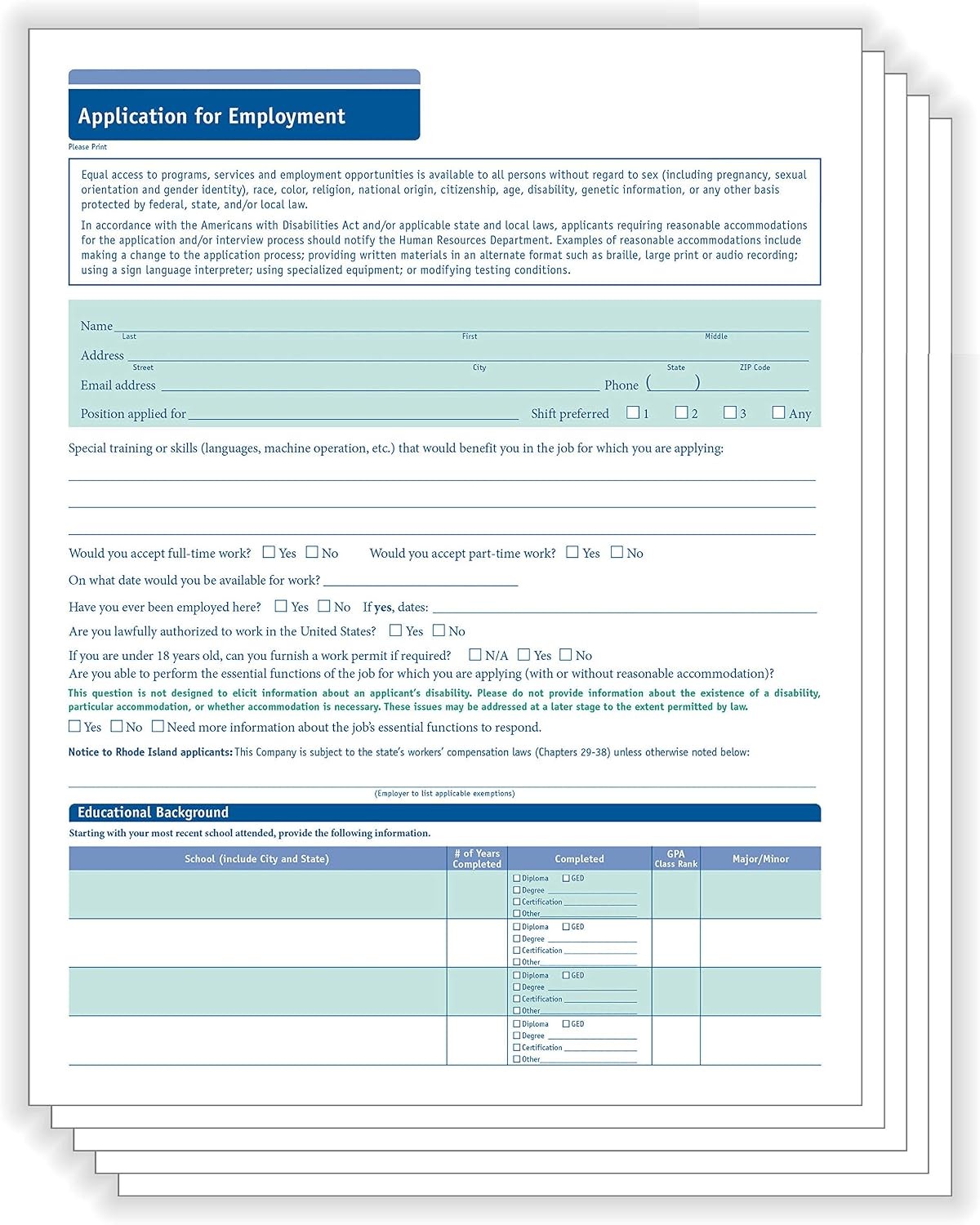 50 State Compliant Job Application | Short Form | 8 ½”x11 |