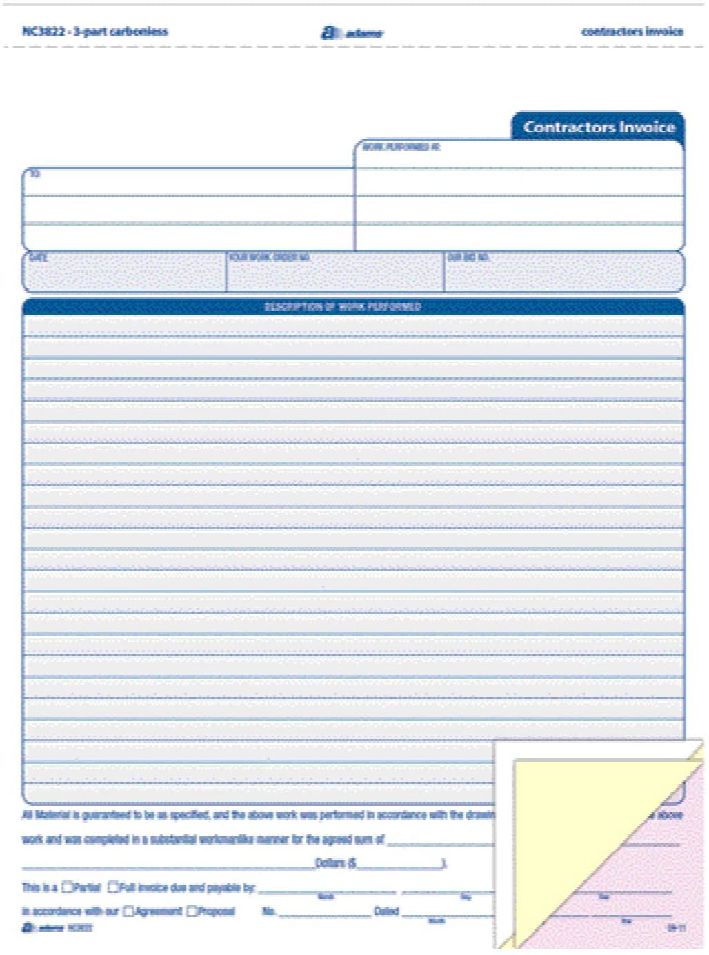 Contractor Invoice Forms, 3-Part, Carbonless, 100-Pack, White, (NC3822)