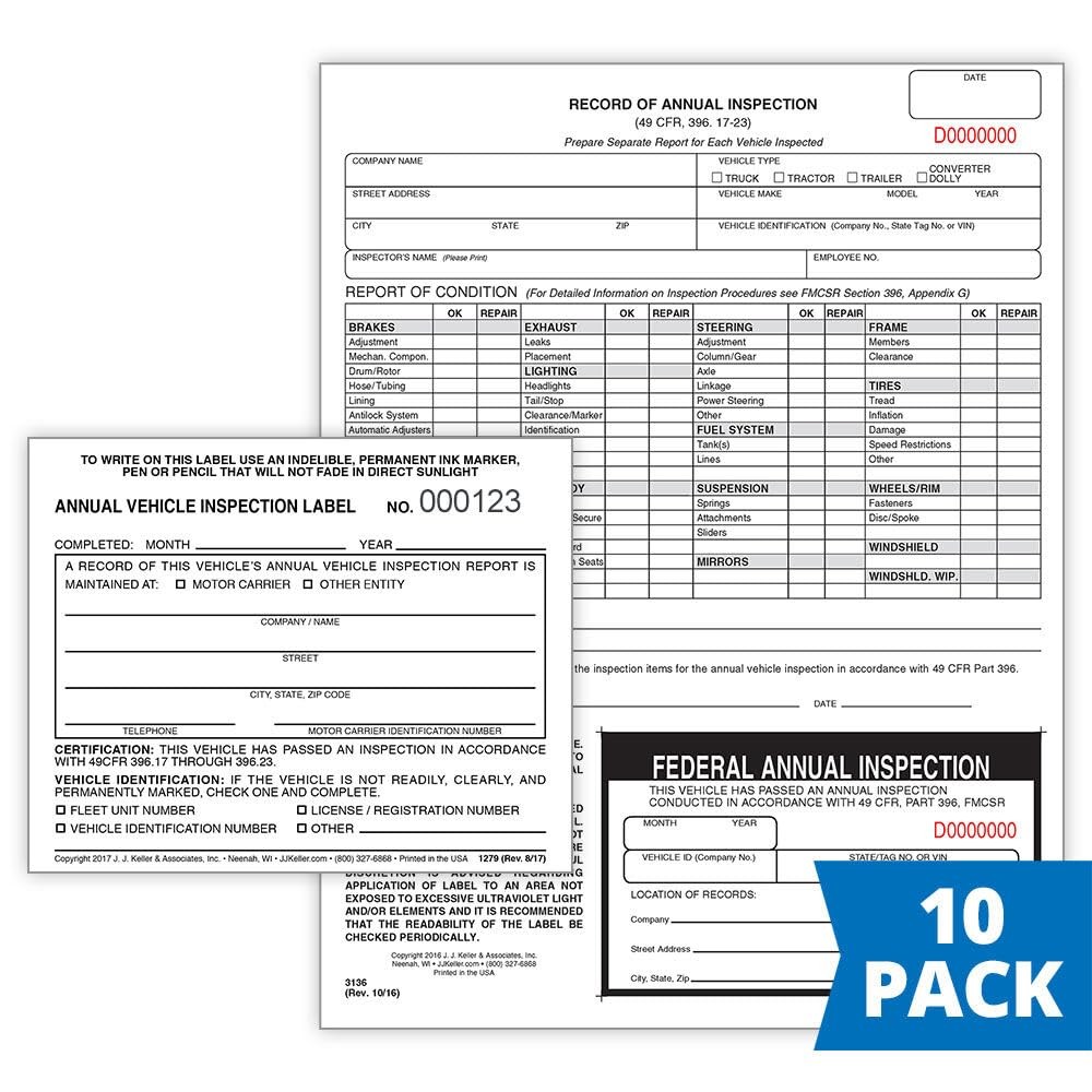 J. J. Keller 10-Pack, Record of Annual Inspection Form with Inspection Decal …
