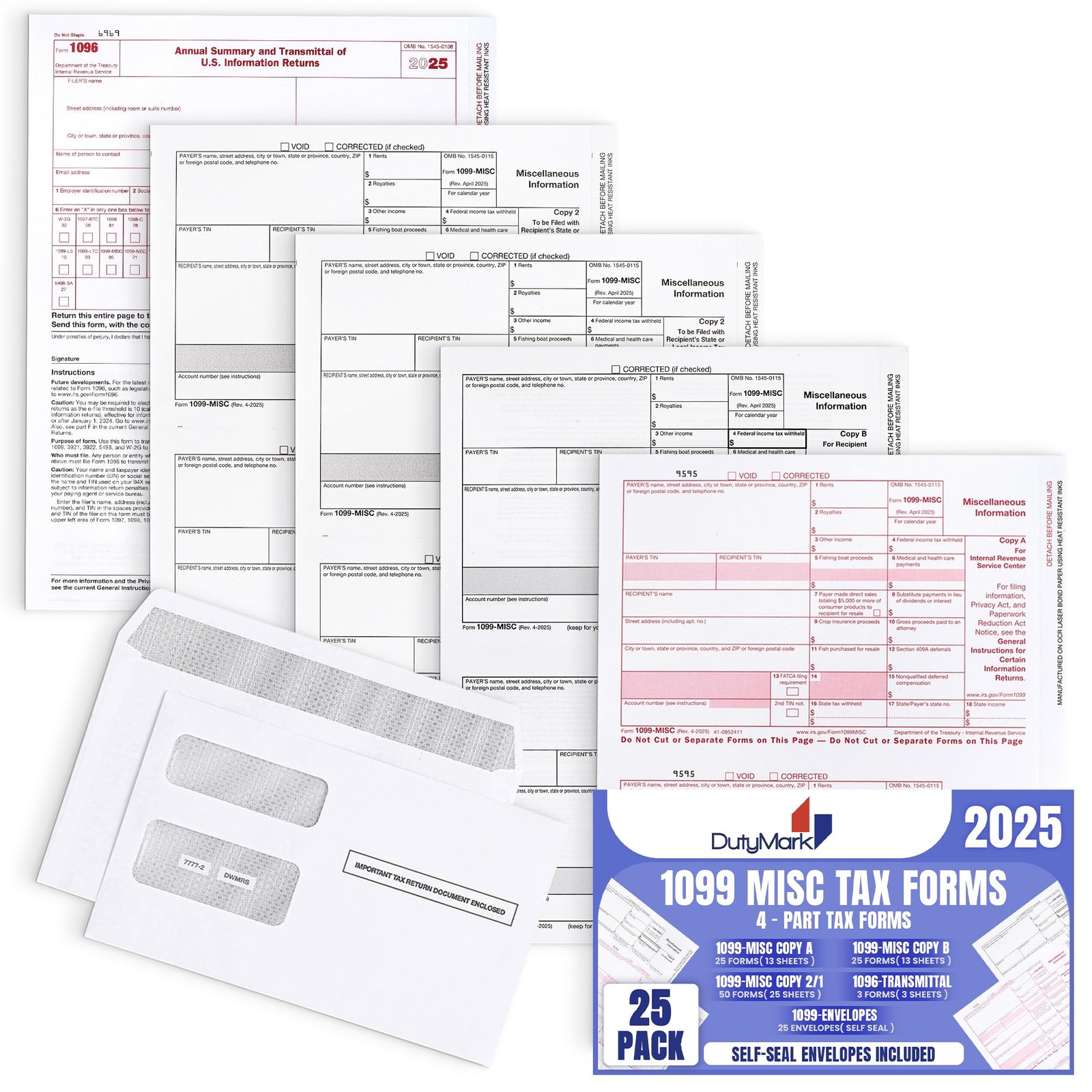 DuryMark 1099 Misc Tax Forms 2025 with Envelopes, 25 Vendor Kit for 4 Part Ta…