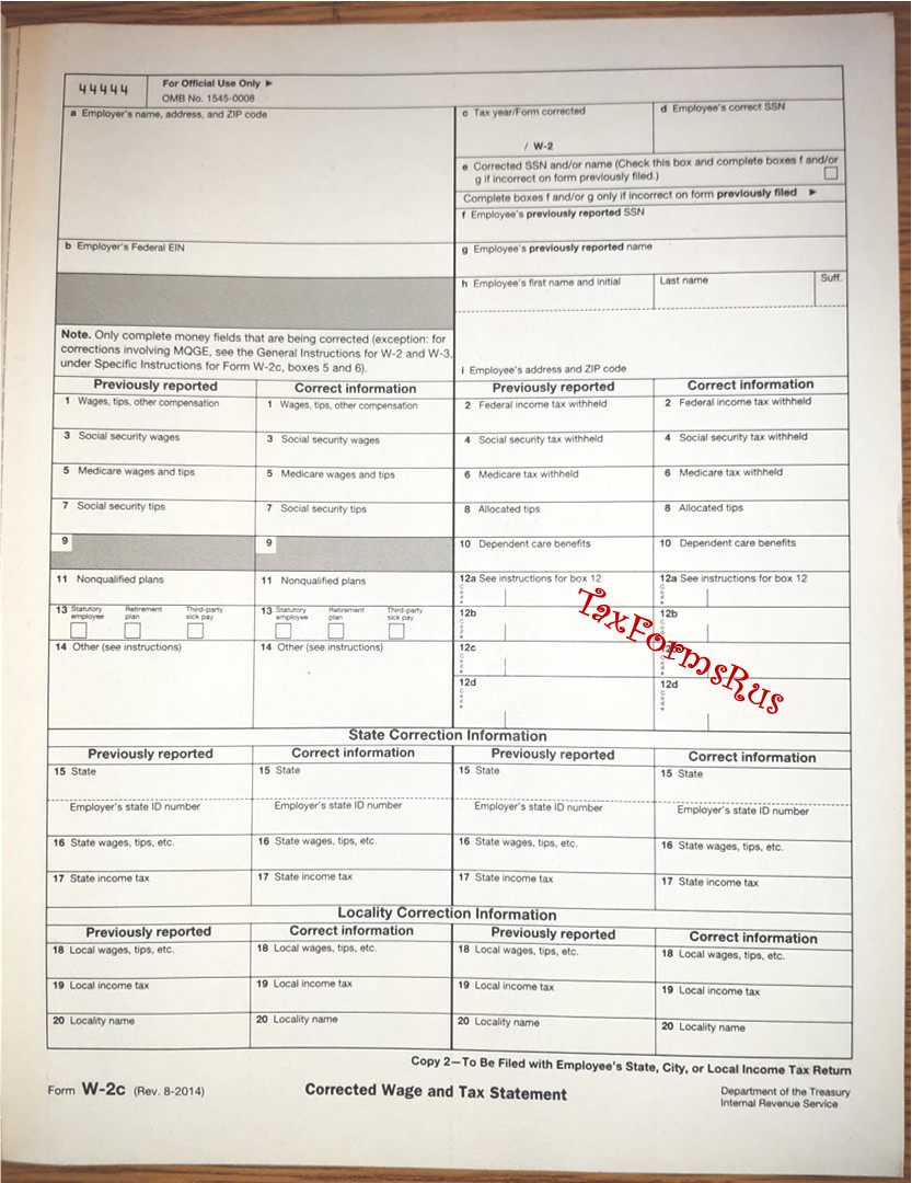 Official IRS Tax Form W-2c Corrected Wage/Tax Stmt, single sheet for 1 employee