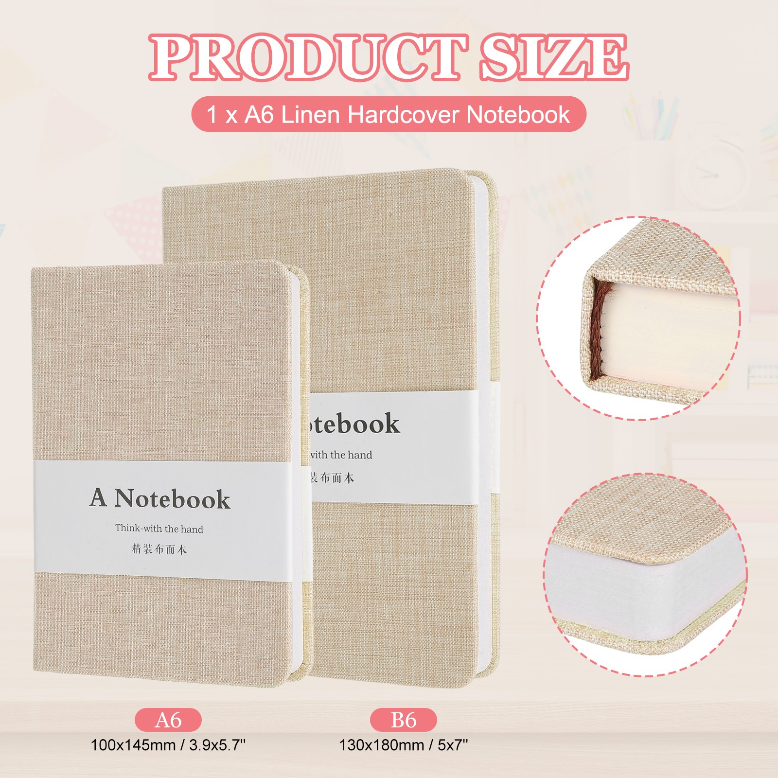 Linen Journal Notebook, 256 Pages 100 Gsm A6（3.9×5.7） Hardcover (Apricot)