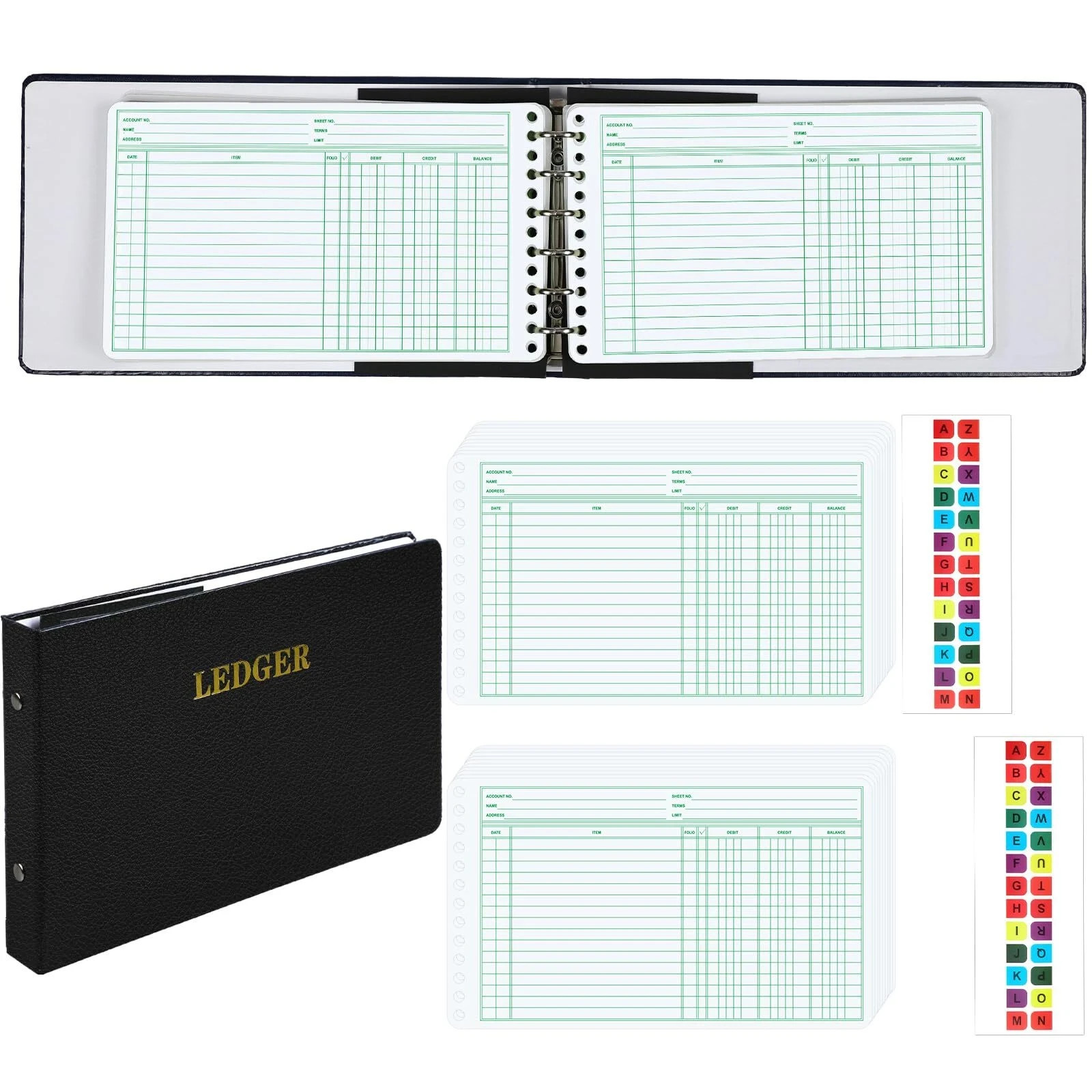 Ledger Binder with 200 Pages & Small Index Tabs for Bookkeeping Black Cover