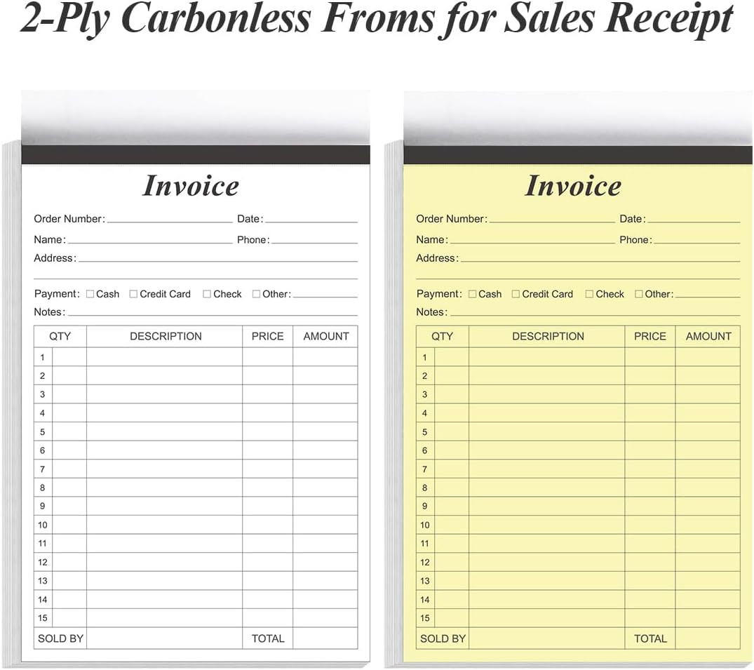 Invoice Receipt Book with Cardboard 2-Part Carbonless, 5.5″ X 8.5″ Order Forms,
