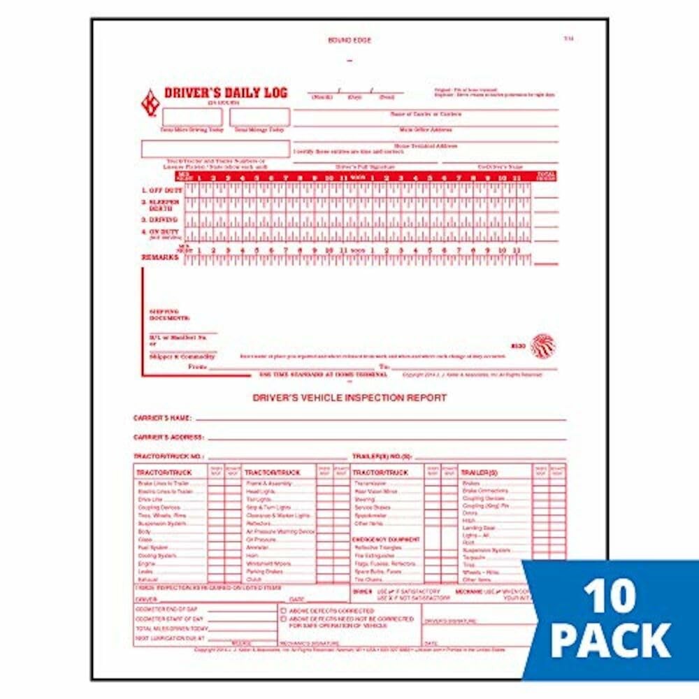J. J. & Inc. 2-In-1 Driver Daily Log 10-Pk. Detailed Driver