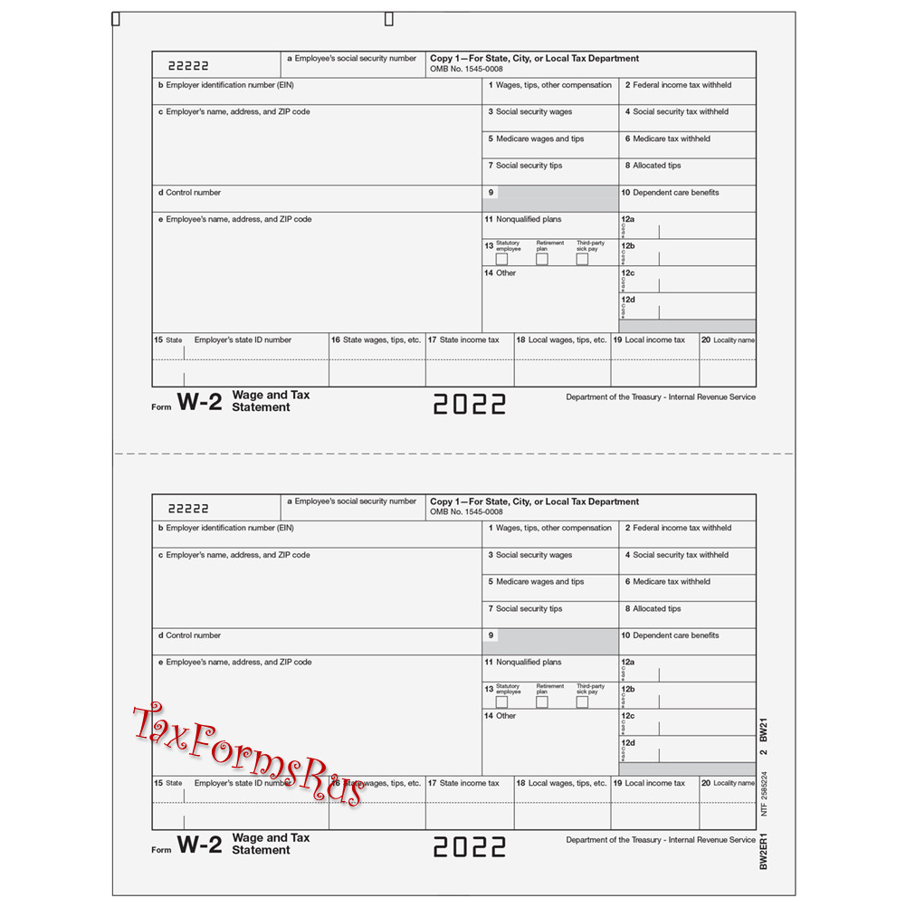 2022 IRS Tax Form W-2 Wage Stmts LASER single sheet set for 2 employees, 6-part