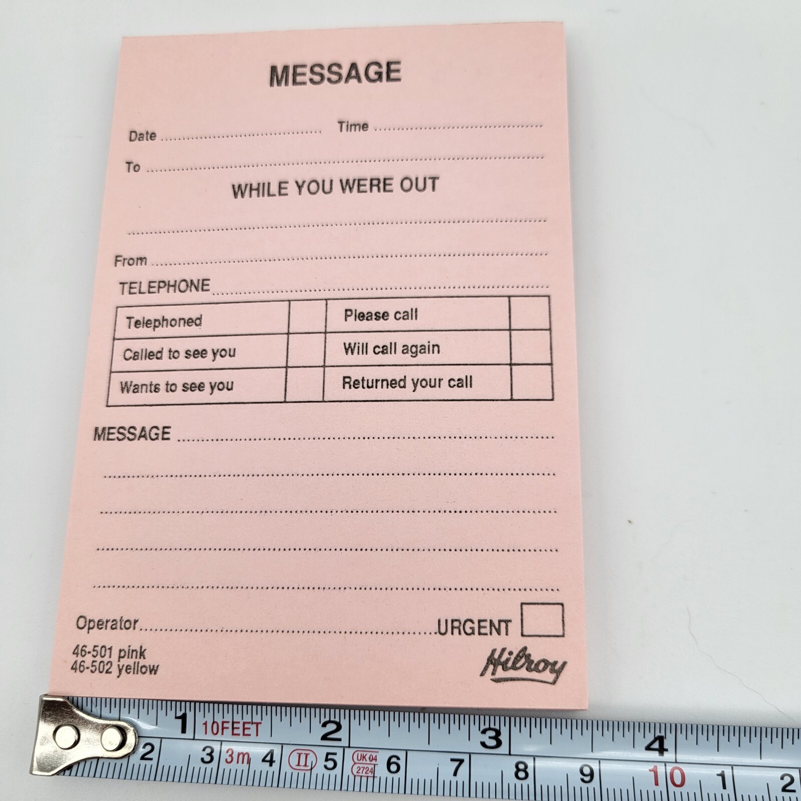 Hilroy Telephone Message Pad Pink NOS