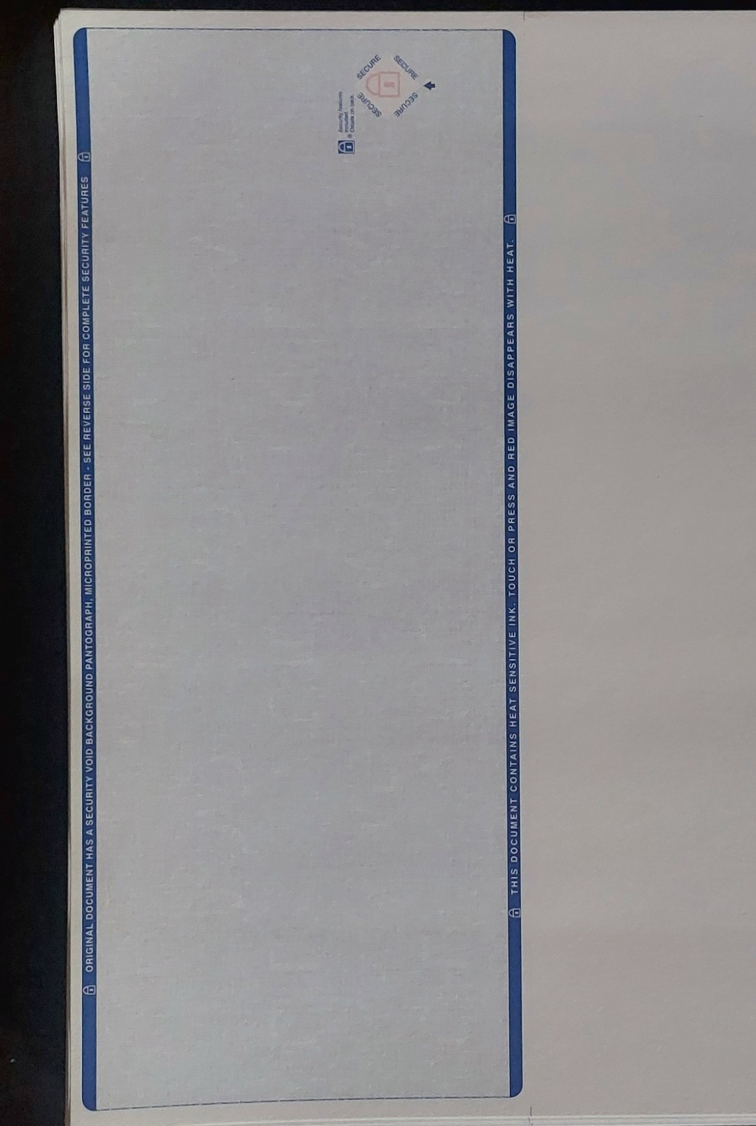High Security Blank Check Stock Paper (60) Blue Check on Top – 1/3 Perforated